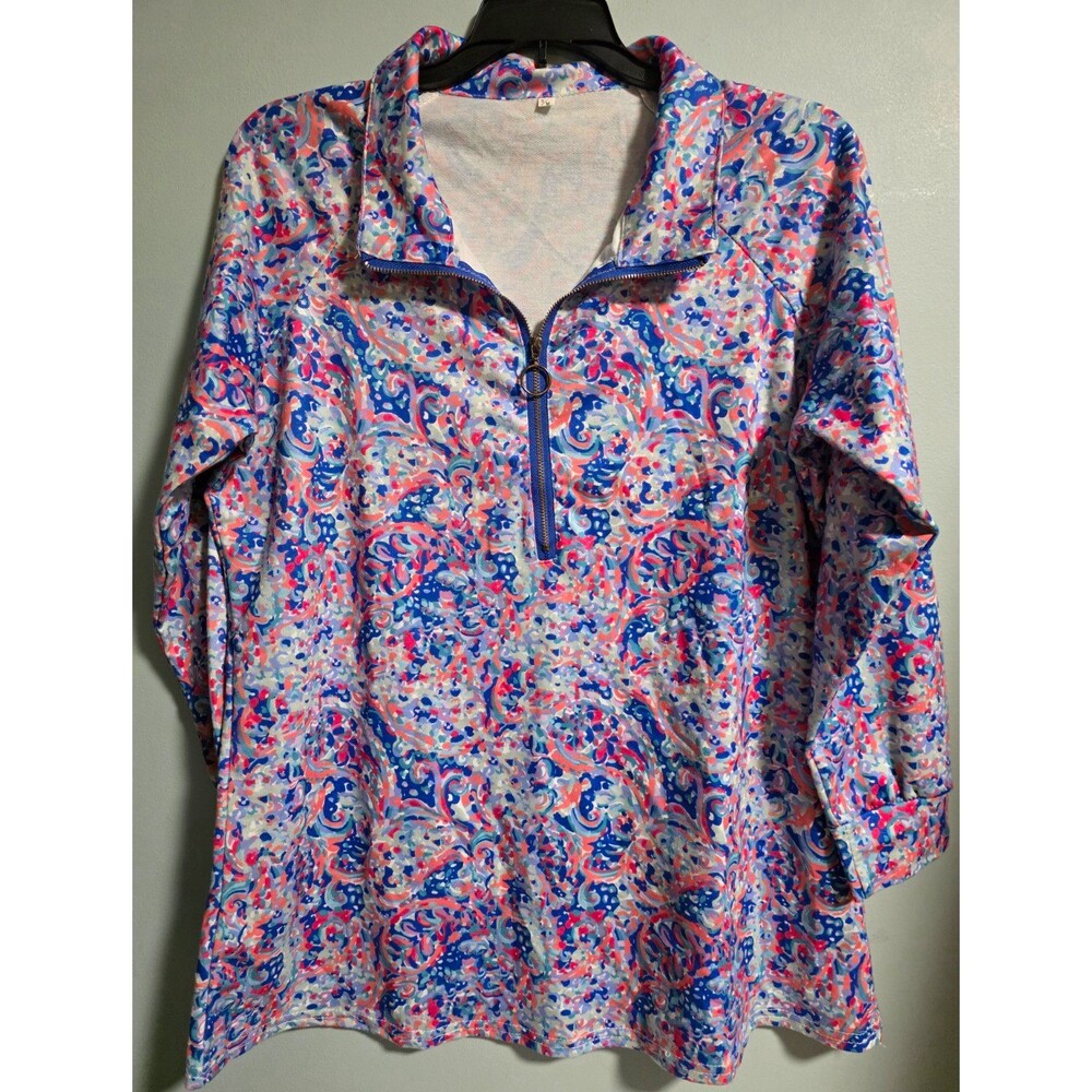 Women’s Paisley 1/4 Zip Mock Neck Long Sleeve Pullover Top S/M Pink Blue